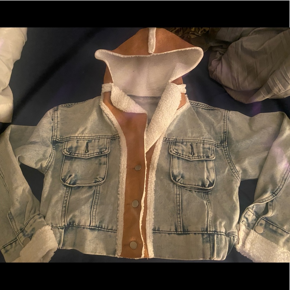 Crop Hoodie Denim Faux Fur Jacket